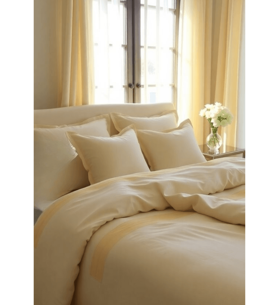 Cozy bedroom featuring soft beige bedding, plush pillows, and sunlight streaming through sheer yellow curtains for a serene atmosphere.