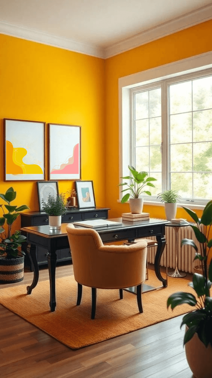 Bright yellow home office featuring a black desk, yellow chair, plants, and abstract wall art for an inspiring workspace.