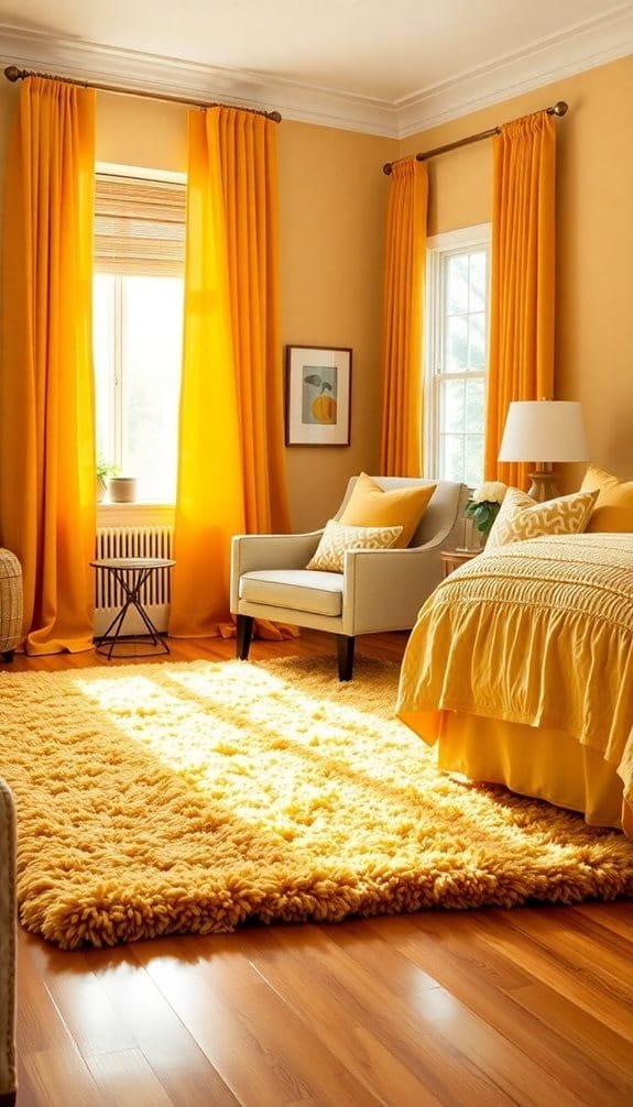Bright and cheerful bedroom featuring yellow accents, cozy furniture, and natural light from large windows.