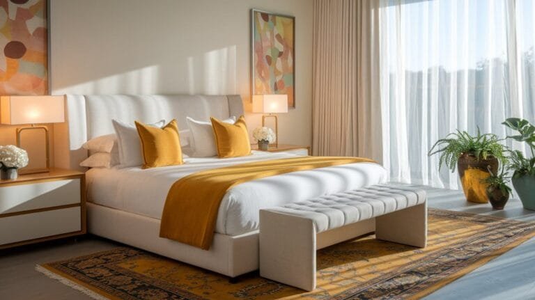 Bright and modern bedroom featuring a cozy king-sized bed, decorative pillows, and stylish furniture, with natural light streaming in.