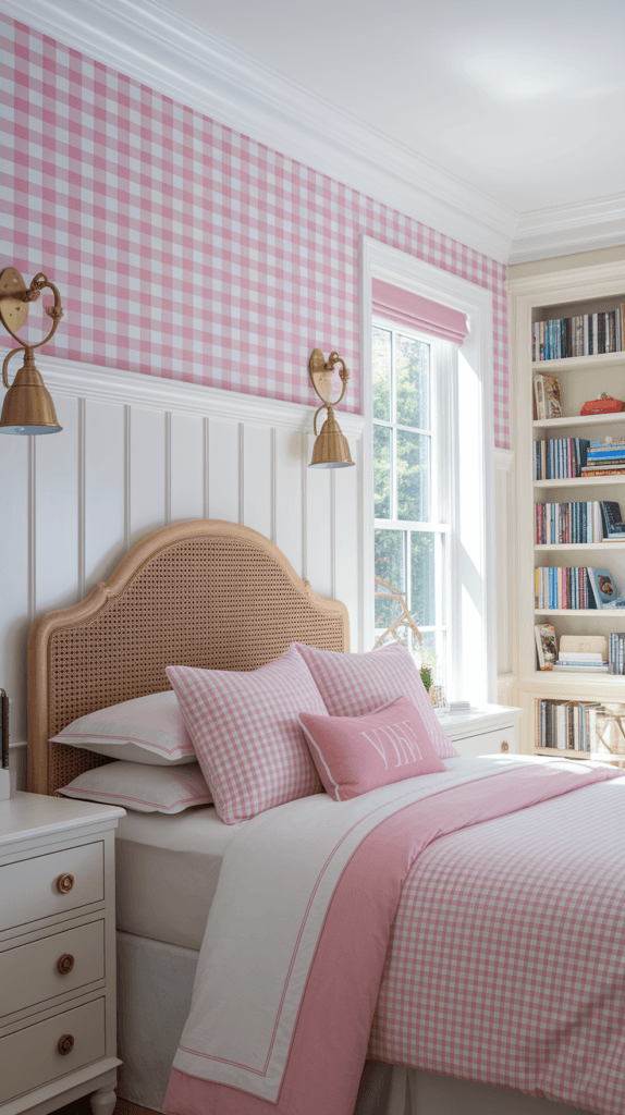 Cozy bedroom with pink gingham preppy wallpaper decor, rattan headboard, and stylish bookcase, featuring natural light and decorative lamps.