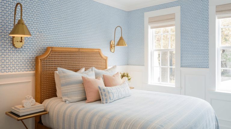 Cozy blue-themed bedroom featuring a cane headboard, patterned blue preppy wallpaper, soft pillows, and stylish wall sconces.