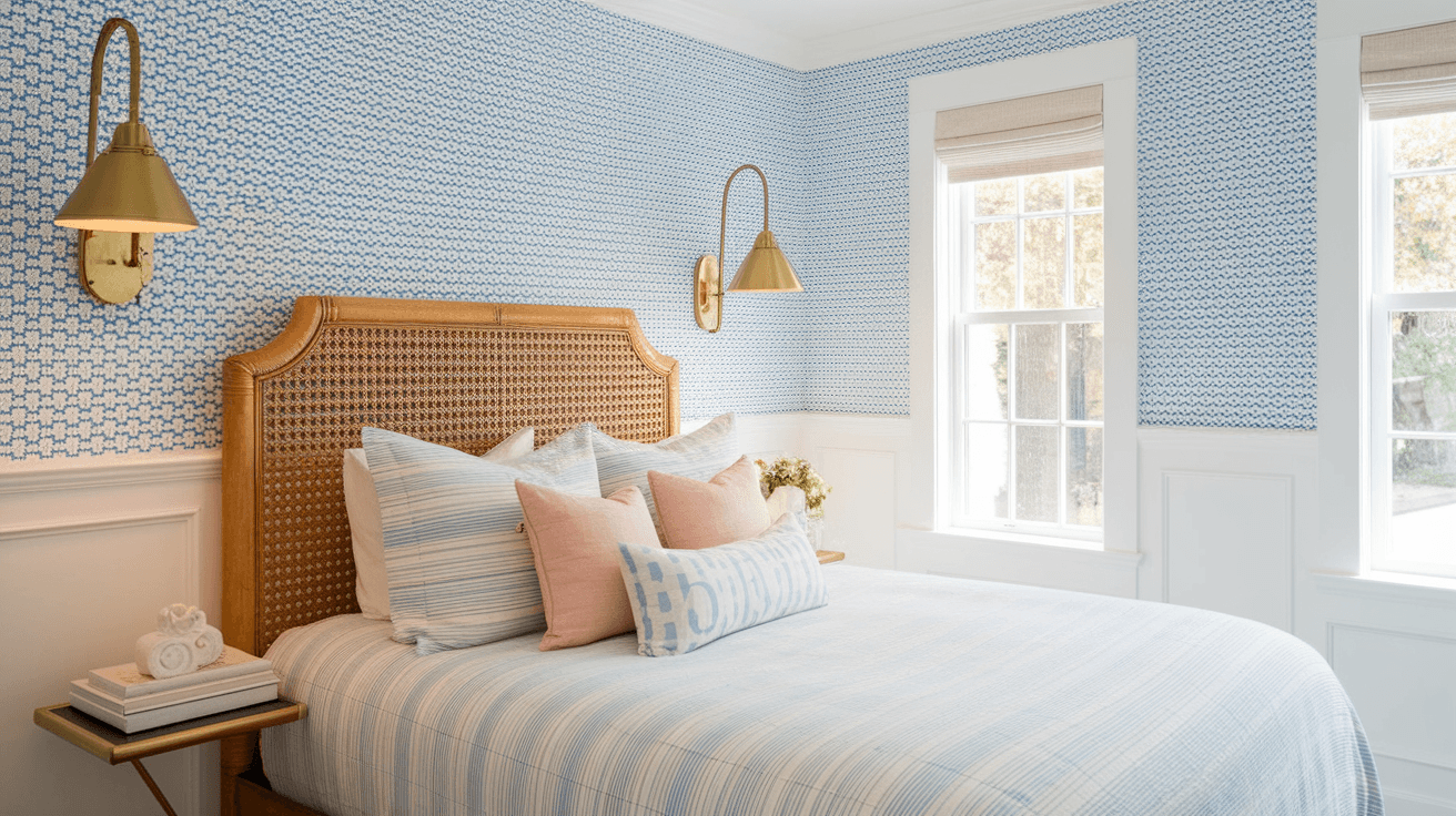 Cozy blue-themed bedroom featuring a cane headboard, patterned blue preppy wallpaper, soft pillows, and stylish wall sconces.