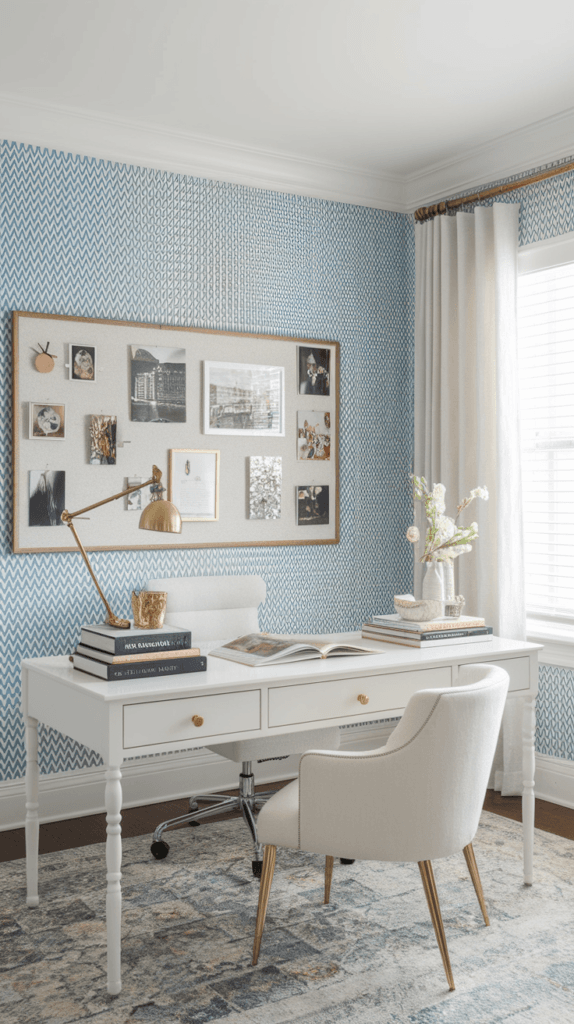 Stylish home office featuring a white desk, decorative wall, light blue preppy wallpaper and elegant chair with gold accents.