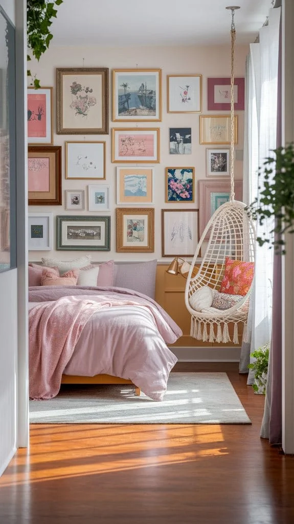 Cozy bedroom featuring a gallery wall, suspended chair, and soft pastel bedding illuminated by natural light.