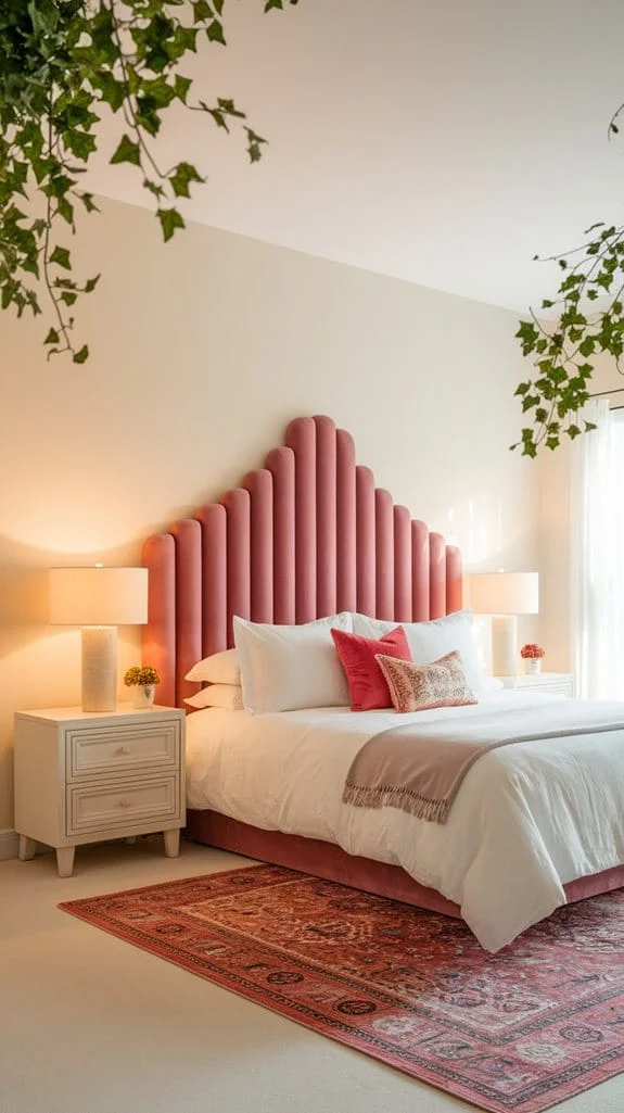 Elegant modern bedroom with pink upholstered headboard, white bedding, stylish lamps, and patterned rug. Bright and inviting atmosphere.