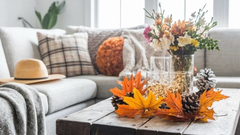 Cozy autumn living room decor featuring pumpkins, fall leaves, flowers, and warm textiles on a rustic coffee table.