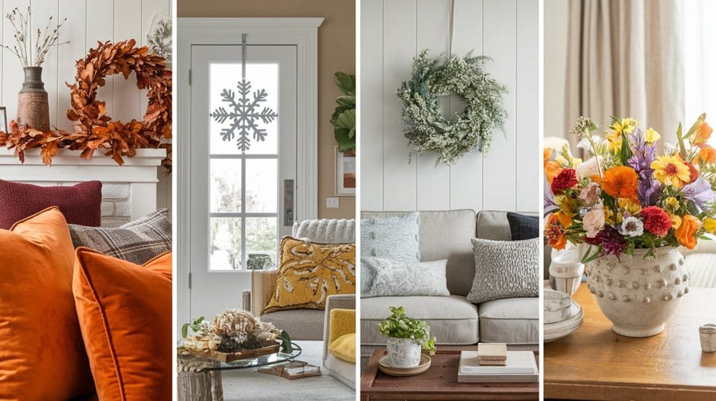 Cozy home decor featuring seasonal wreaths, decorative pillows, and vibrant floral arrangements in a stylish interior setting.