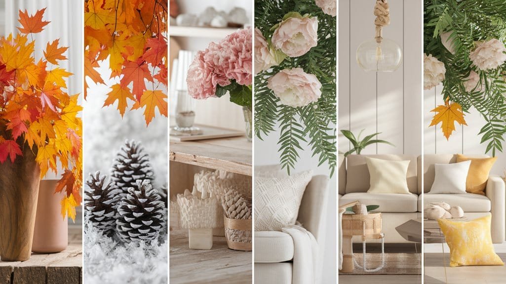 Autumn decor featuring colorful leaves, pine cones, pink flowers, and a cozy living room setting for seasonal elegance.