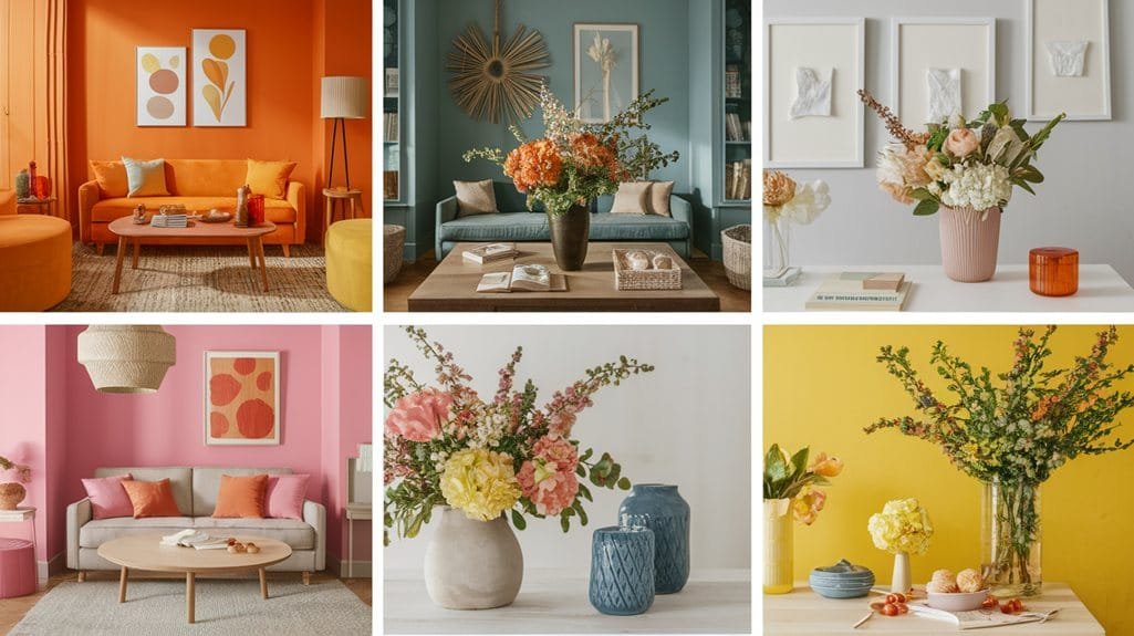 Brightly decorated living spaces featuring vibrant colors and stylish flower arrangements in modern interiors.