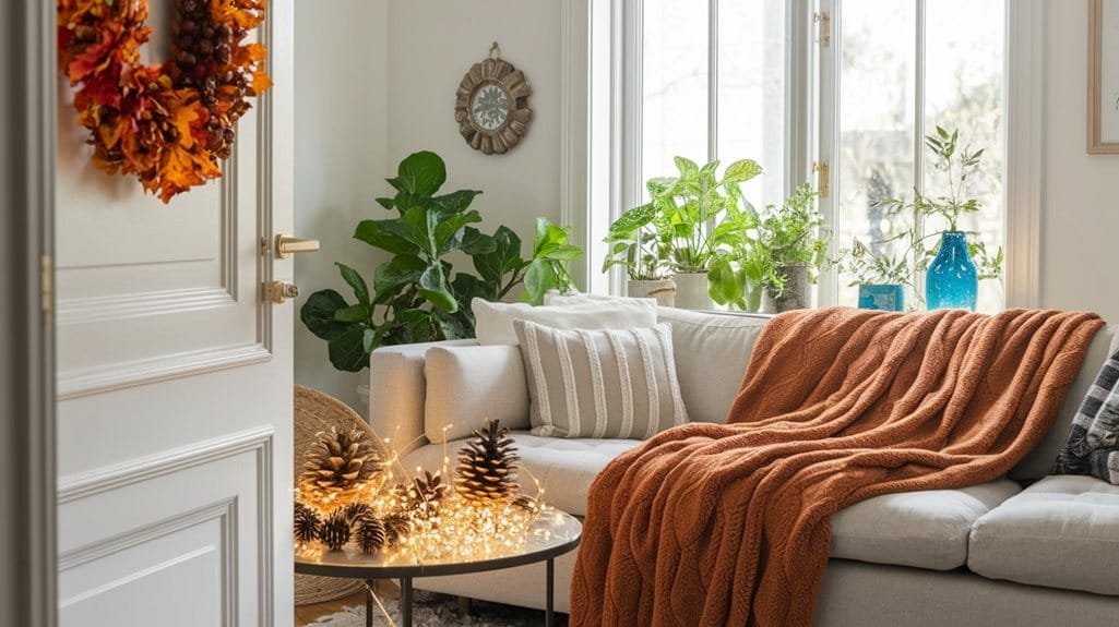 Cozy living room featuring a white sofa, plants, autumn decor, and warm lighting for a seasonal ambiance.