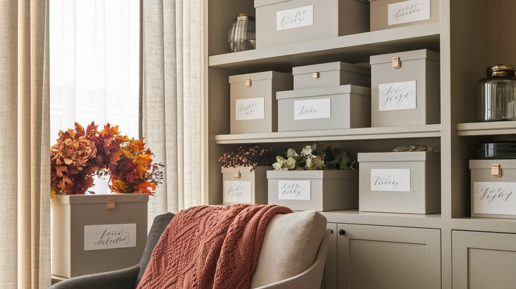 Cozy living space featuring decorative storage boxes, autumn floral arrangement, and a soft throw blanket on a chair.