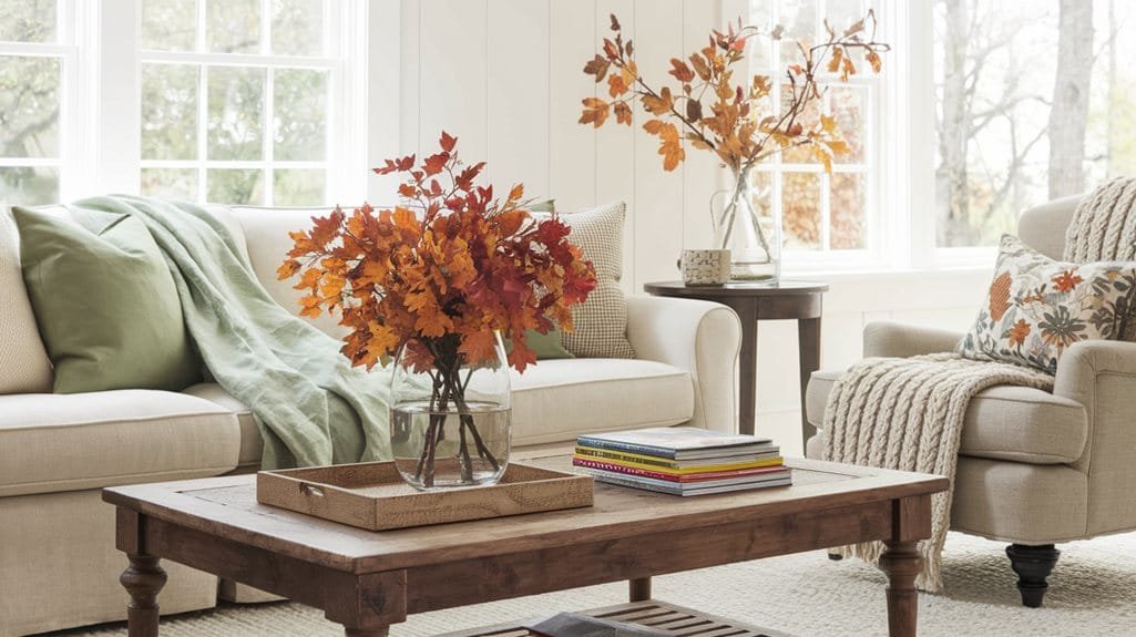 Cozy living room featuring autumn decorations, including colorful foliage arrangements and warm textiles on a wooden coffee table.