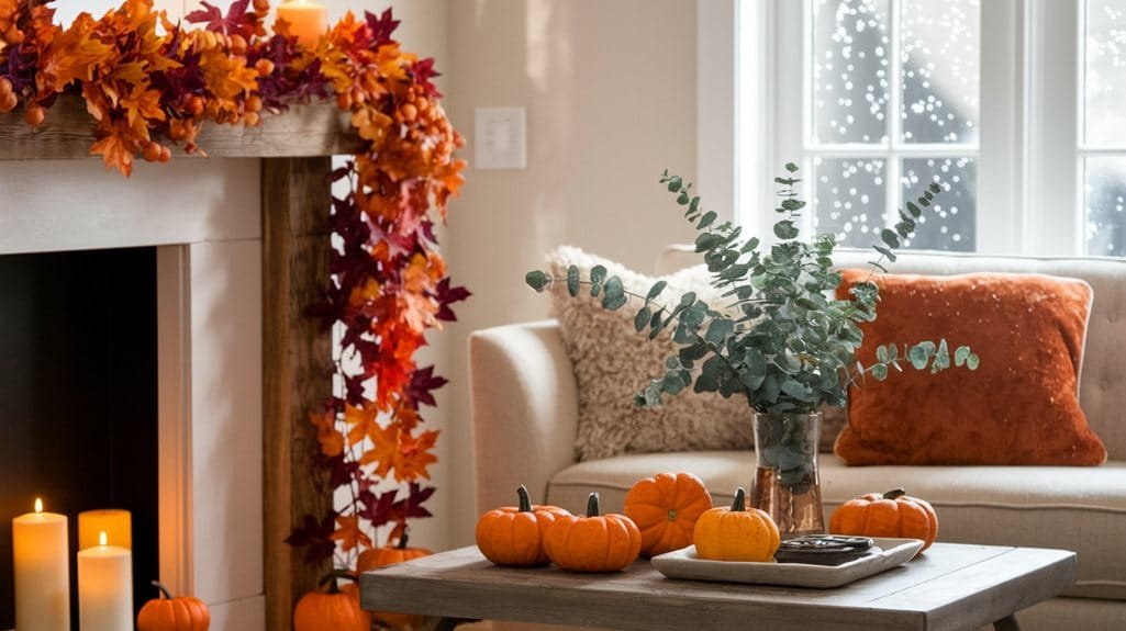 Cozy autumn living room decor featuring pumpkins, eucalyptus, and warm colors by the fireplace.
