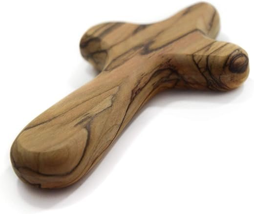 4" Hand Held Olive Wood Clinging Cross from Bethlehem in Pouch (Certified) - Fine Prayer Comfort Holding Wooden Cross - Hand Held Palm Size Christian Gift for Clutching