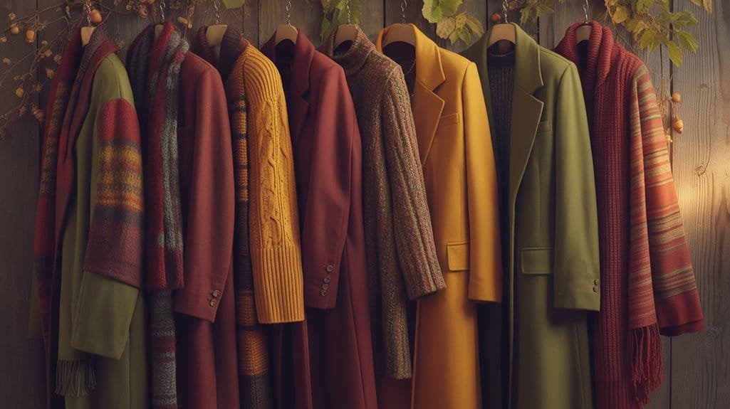 Colorful autumn coats and scarves displayed on hangers against a rustic wooden backdrop, surrounded by fall foliage.