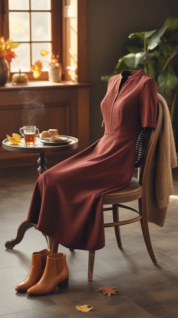 Elegant burgundy dress displayed on a chair with stylish brown boots, tea, and pastries in a cozy setting.