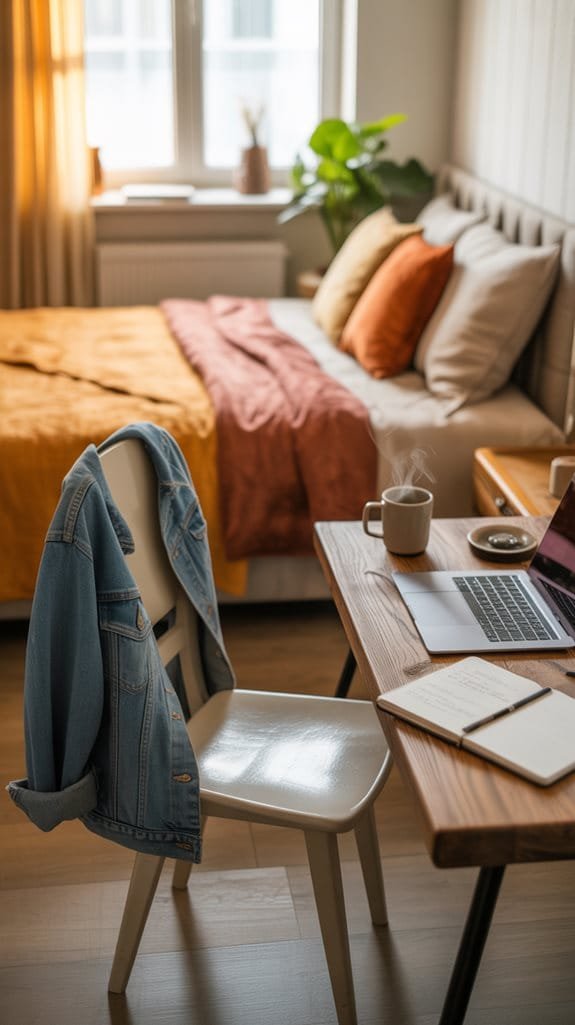 Cozy bedroom workspace with a wooden desk, laptop, coffee, and a neatly made bed in warm tones.