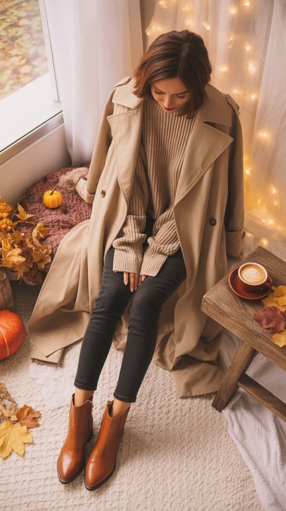 Stylish woman in a beige trench coat and sweater, sitting cozy by a window with autumn decor and coffee.