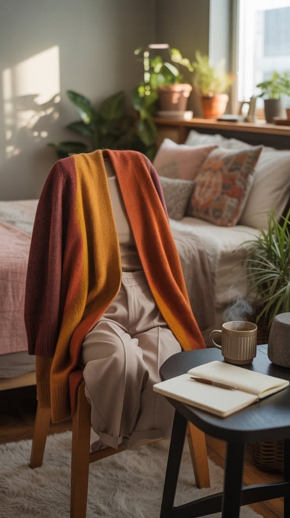 Cozy living room scene featuring a colorful cardigan draped over a chair, plants, coffee, and a notebook.