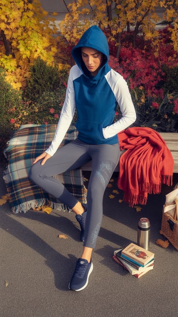 Woman in athletic wear sitting outdoors, surrounded by autumn foliage, showcasing a cozy and stylish active lifestyle.