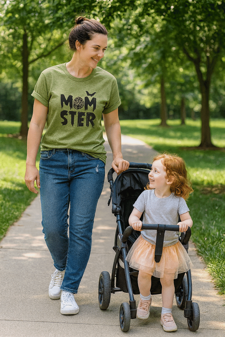 Mother and daughter enjoying a walk in the park, with the child in a stroller, both smiling happily.