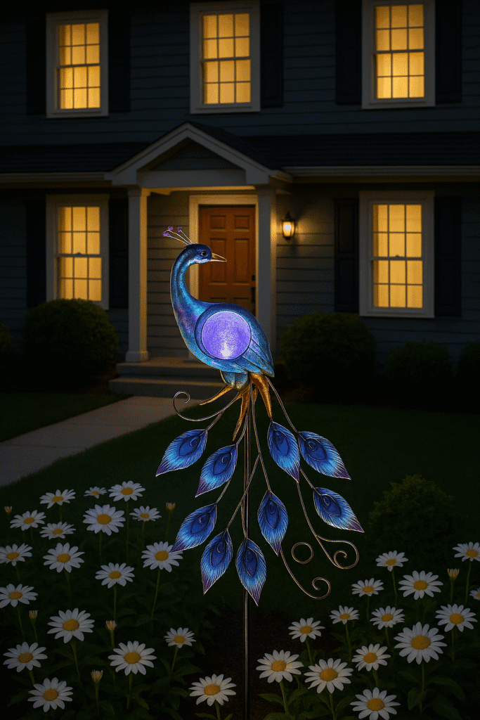 Illuminated peacock garden stake in front of a house, surrounded by blooming daisies at dusk.