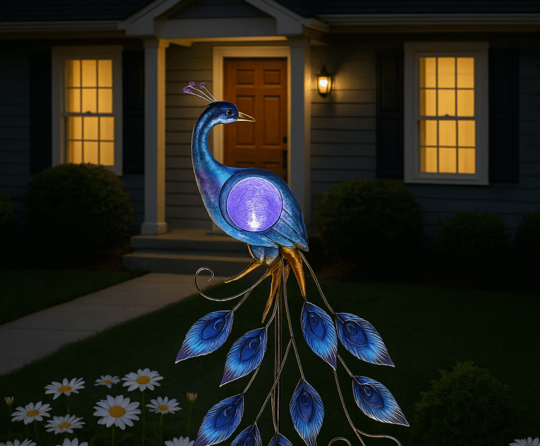 Illuminated peacock garden stake in front of a house, surrounded by blooming daisies at dusk.
