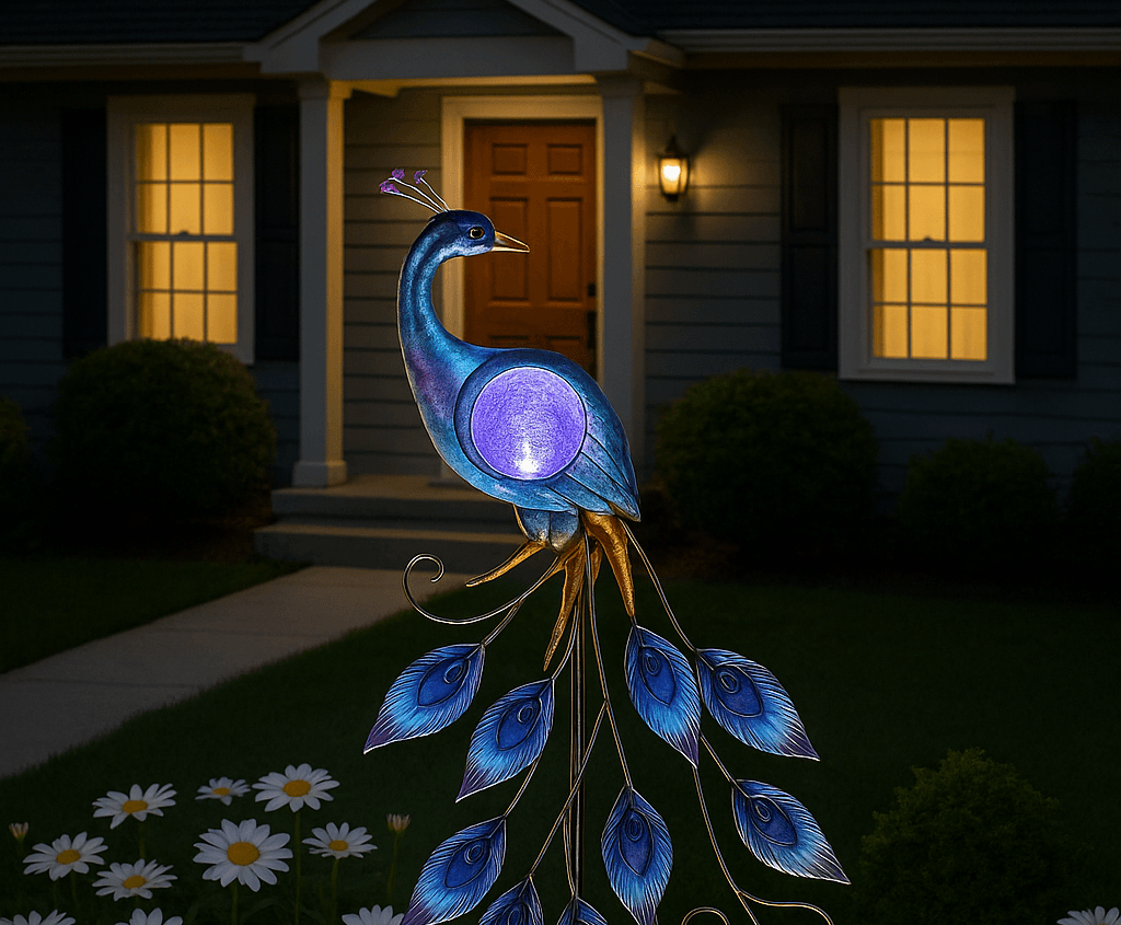Illuminated peacock garden stake in front of a house, surrounded by blooming daisies at dusk.