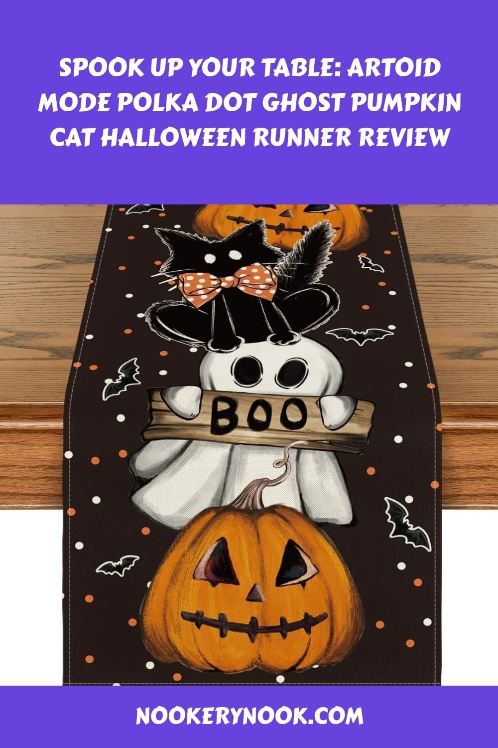 Halloween table runner featuring a ghost, pumpkin, and cat design, perfect for festive decorations and seasonal gatherings.