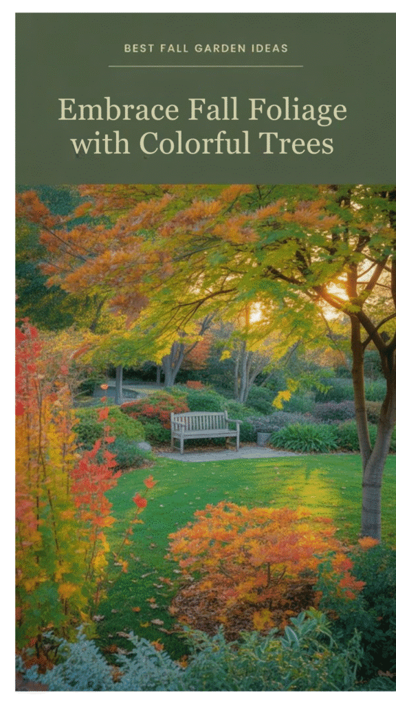 Scenic fall garden showcasing vibrant foliage, colorful trees, and a peaceful bench surrounded by lush greenery.