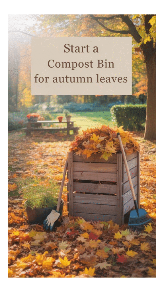 Wooden compost bin filled with autumn leaves, gardening tools, and colorful fallen leaves in a serene garden setting.