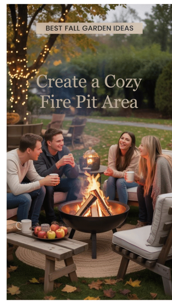 Group of friends enjoying a cozy fire pit area with apples and warm drinks in a fall garden setting.