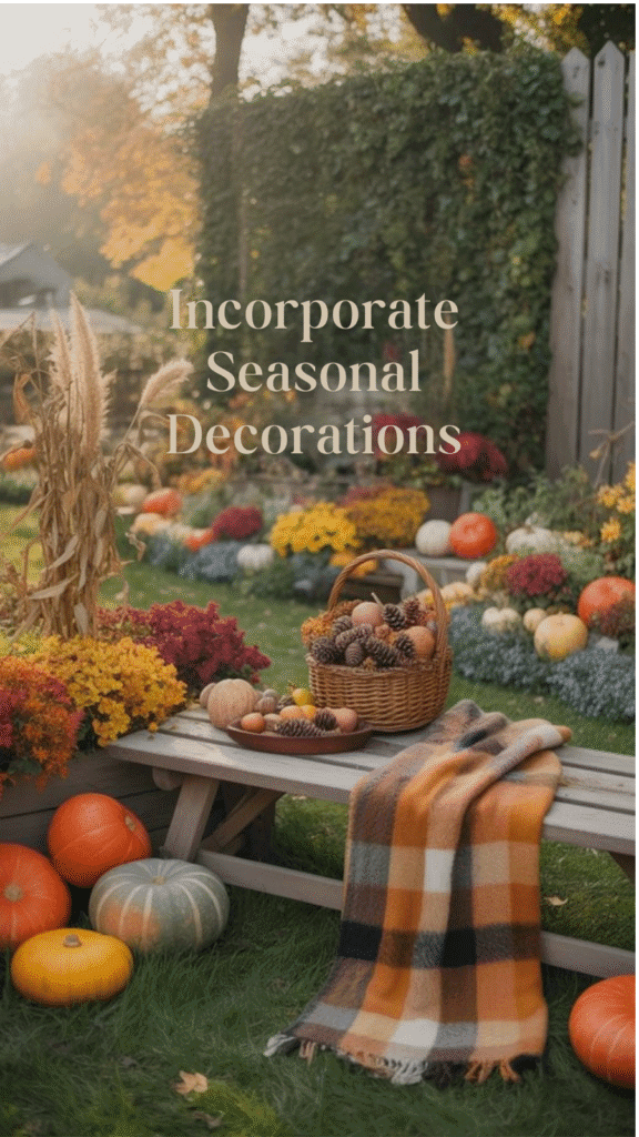 Colorful autumn decorations featuring pumpkins, flowers, and a cozy blanket in a serene outdoor setting.