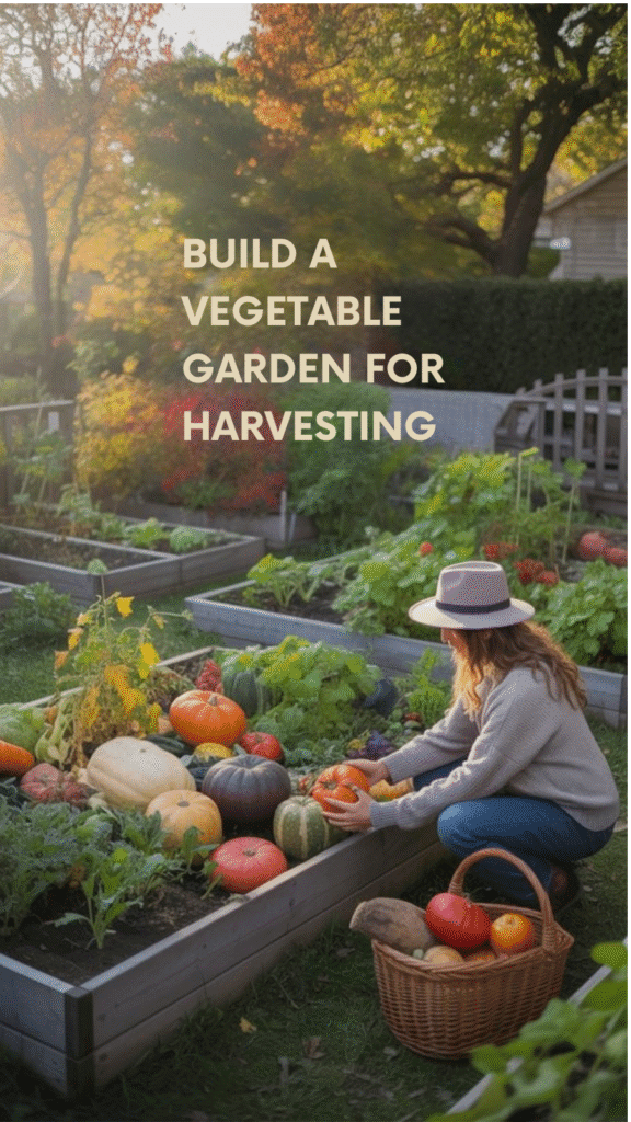 Person tending to a vegetable garden, harvesting pumpkins and squash in a sunny outdoor setting.