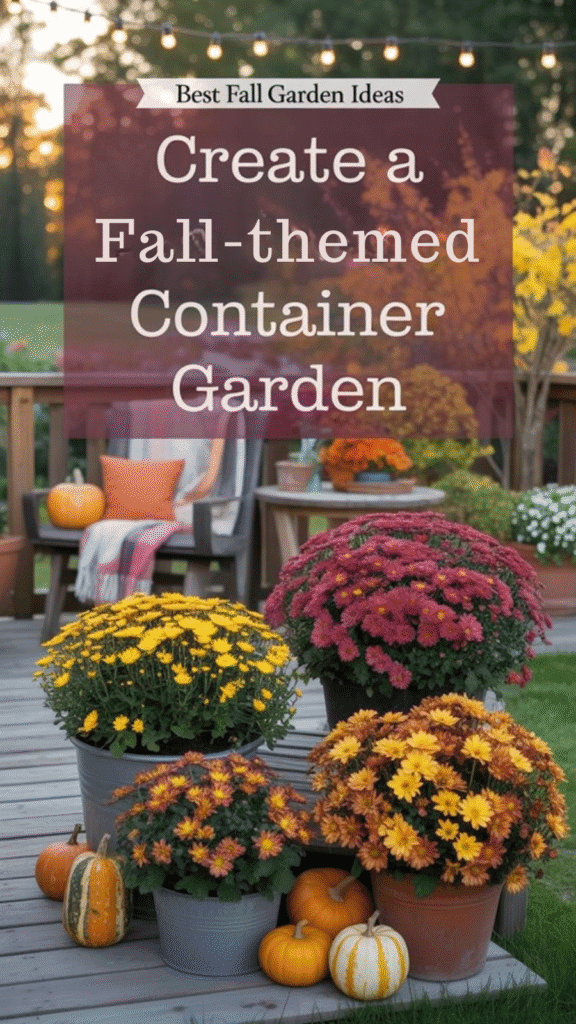 Colorful fall-themed container garden with chrysanthemums and pumpkins on a wooden deck, showcasing autumn decor ideas.