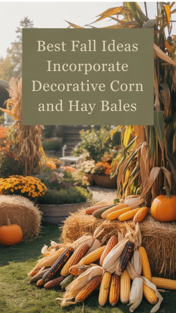 Colorful decorative corn and hay bales create a charming fall display with pumpkins and vibrant flowers in a garden setting.