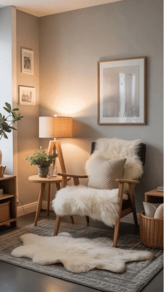 Cozy reading nook featuring a stylish chair, soft rug, and warm lighting, perfect for relaxation and comfort.