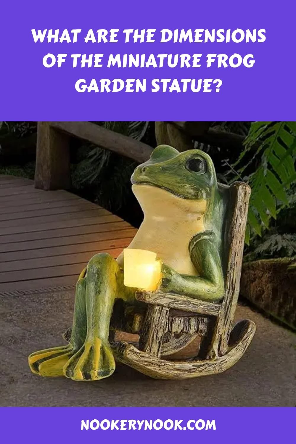 Miniature frog garden statue in a rocking chair, perfect for outdoor decor and whimsical garden accents.