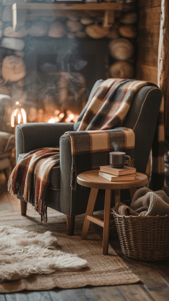 Cozy living room scene featuring a comfortable armchair, warm blanket, steaming mug, and rustic decor by a fireplace.