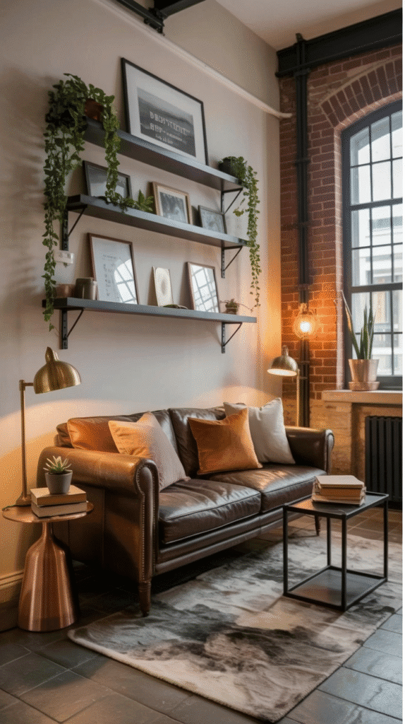Cozy living room featuring a leather sofa, decorative pillows, modern shelving, and stylish lighting. Ideal for relaxation.