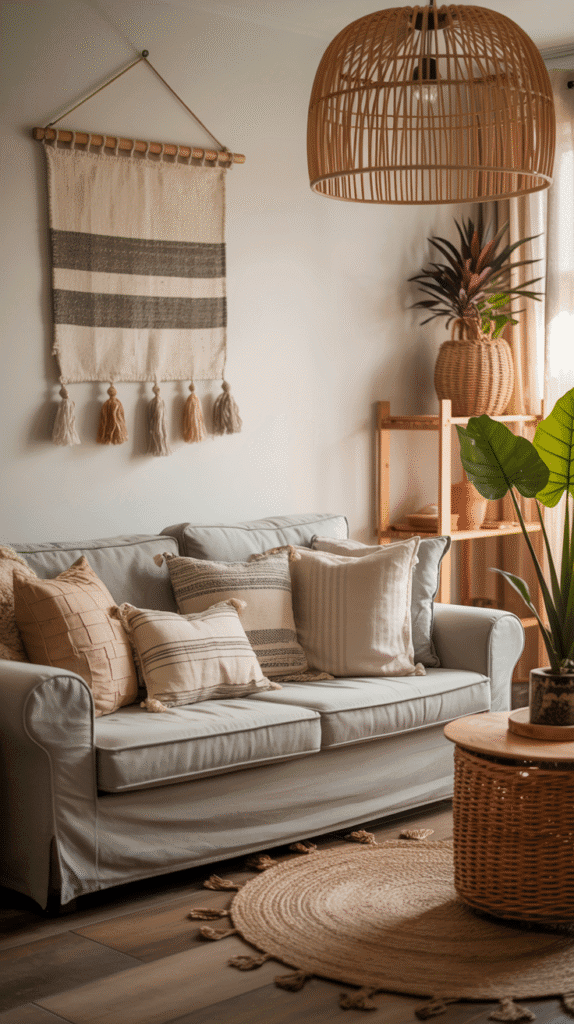 Cozy living room featuring a light sofa, decorative pillows, woven wall art, and a stylish rattan pendant light.
