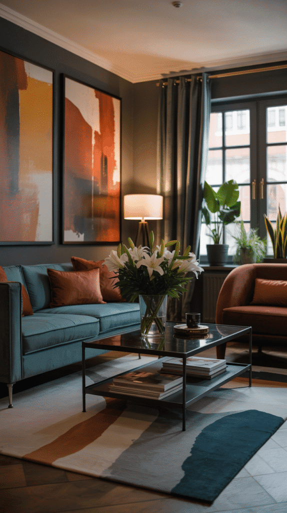 Stylish living room featuring a teal sofa, vibrant artwork, floral centerpiece, and modern decor elements.