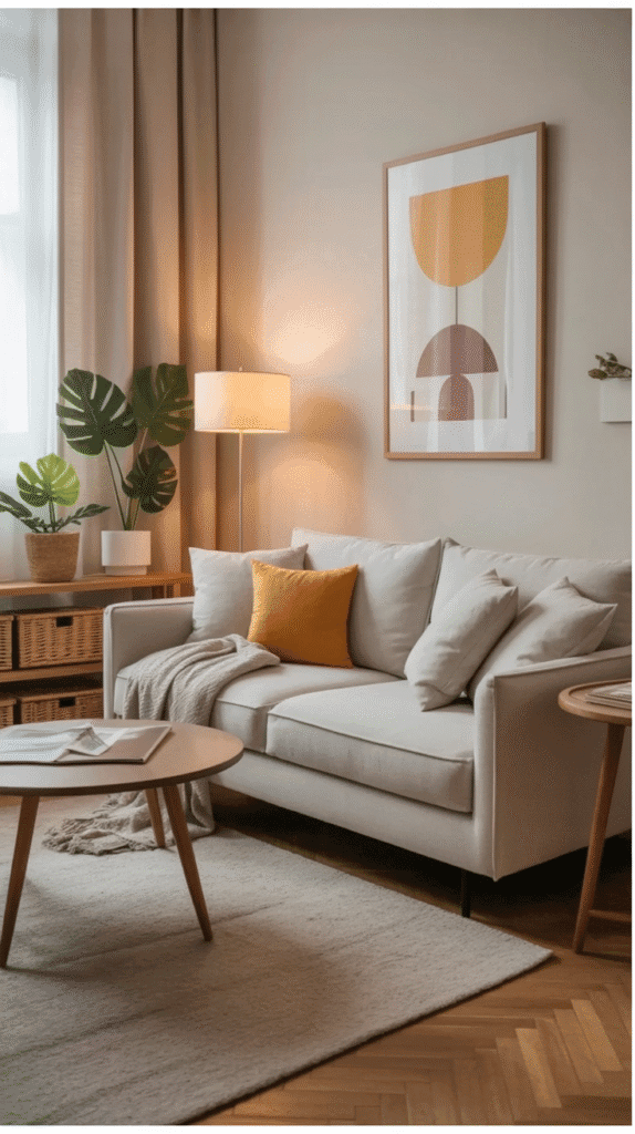 Cozy modern living room featuring a light sofa, decorative pillows, plants, and stylish art on the wall.