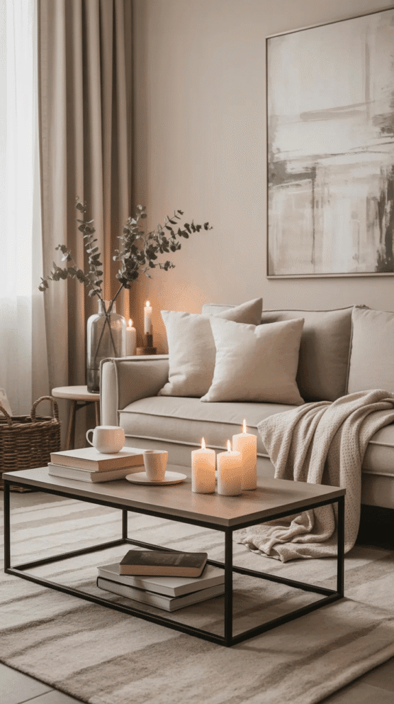 Cozy living room with neutral decor, candles, a coffee table, and soft furnishings creating a warm atmosphere.