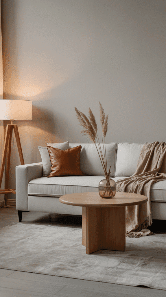 Cozy living room featuring a light sofa, decorative pillows, a wooden coffee table, and a stylish lamp.