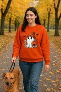 Woman in an orange Halloween sweatshirt walking a dog on a leaf-covered path in a park.