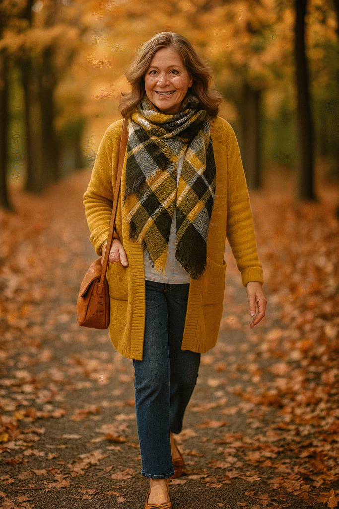 Smiling woman in a yellow cardigan and plaid scarf walking on a leaf-covered path in autumn.