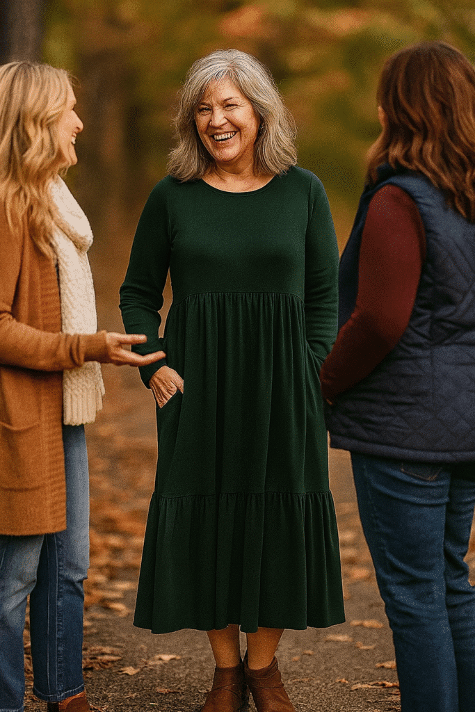 Group of women laughing and chatting outdoors in fall, showcasing friendship and stylish casual attire.