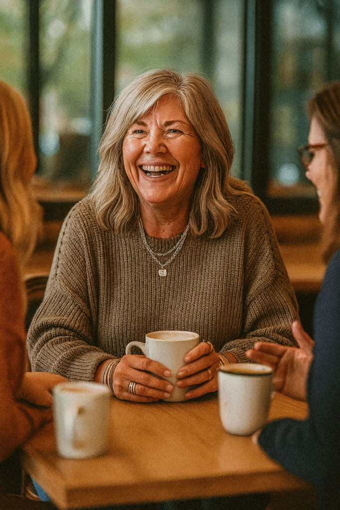 Smiling woman enjoying coffee with friends at a cozy café, showcasing warmth and connection in a relaxed atmosphere.